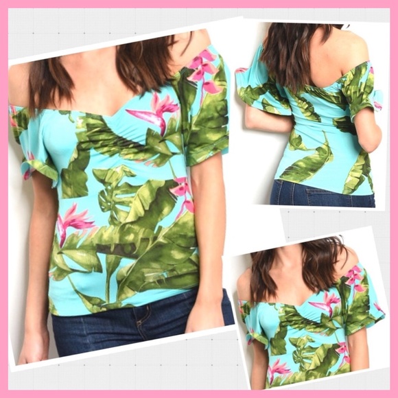 “ALMOST PARADISE” TURQUOISE PALM LEAVES TOP NEW - Picture 7 of 8